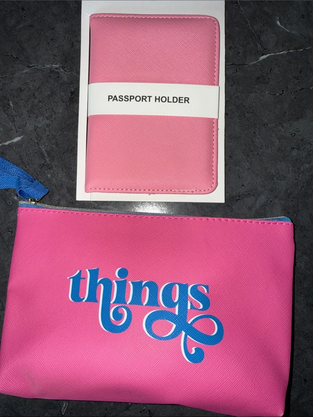 Primark Pink Passport Holder & Pink Pouch with Blue 'things' Print